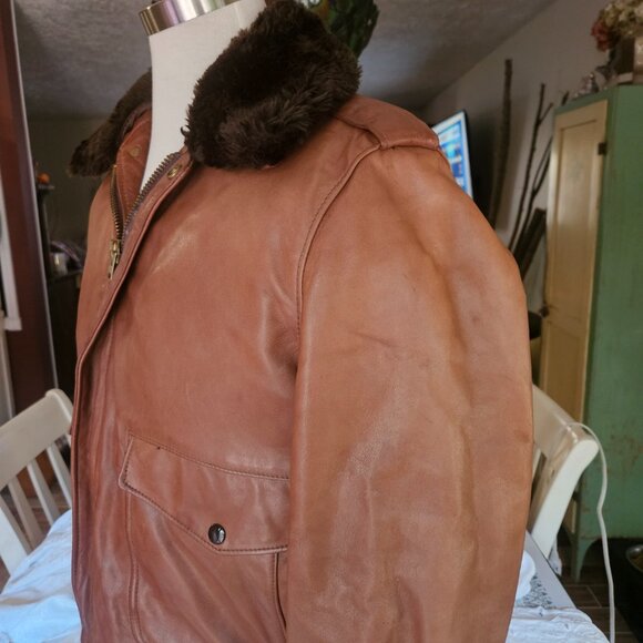 Vintage USA Men's SCHOTT BIKER FUR LINED BROWN LEATHER BOMBER Jacket Sz 44 - Picture 8 of 16